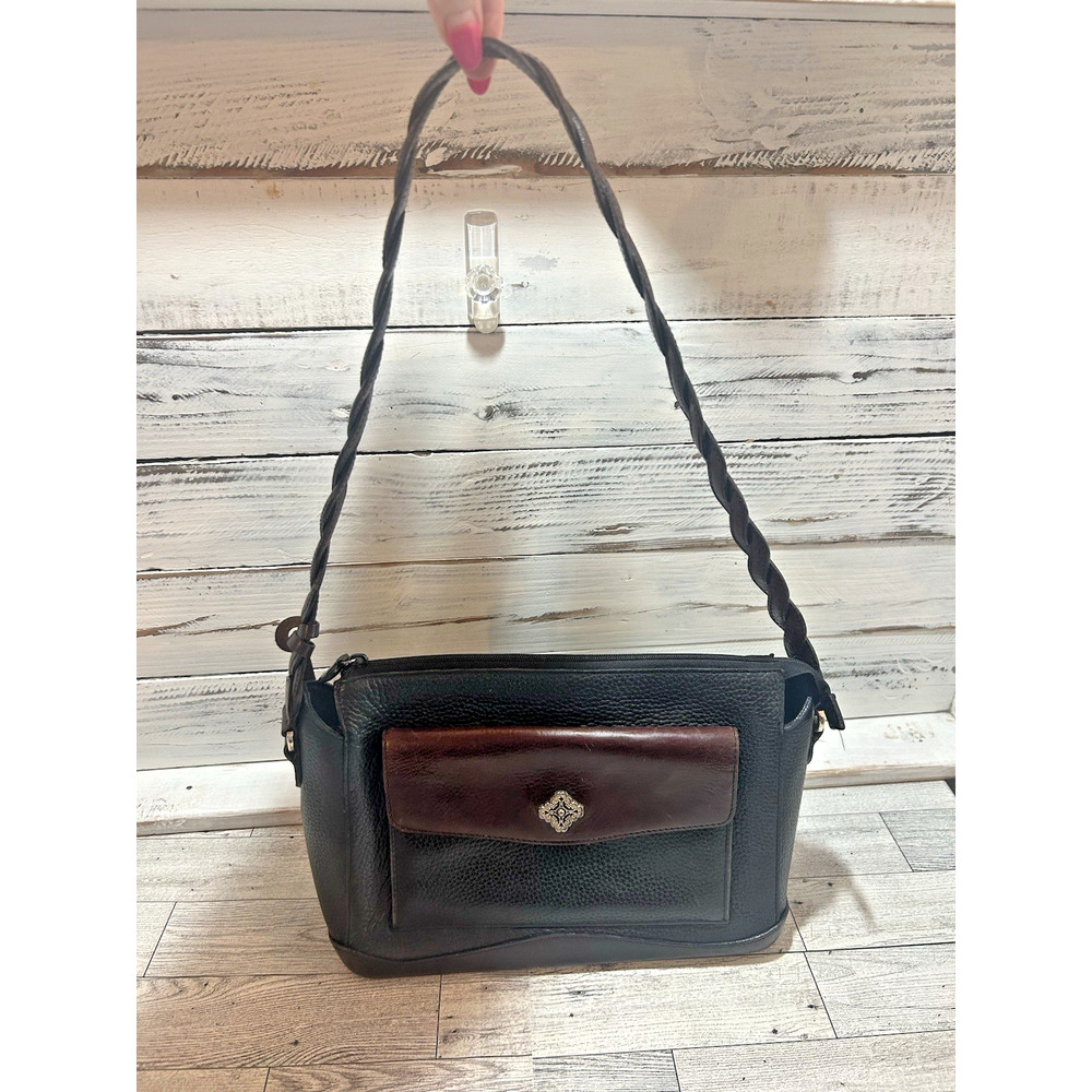 Brighton Two Tone Leather Shoulder Handbag Purse Black Brown floral interior - Picture 13 of 13